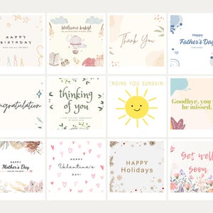 Peut inclure: Une collection de douze cartes de v&oelig;ux carr&eacute;es avec divers motifs et messages. Les cartes pr&eacute;sentent des couleurs pastel, des accents floraux et des polices de style manuscrit. Les messages incluent "Happy Birthday", "Welcome baby!", "Thank You" et "Happy Father's Day".