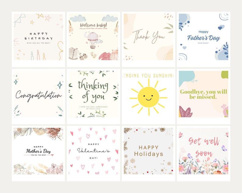 Peut inclure: Une collection de douze cartes de v&oelig;ux carr&eacute;es avec divers motifs et messages. Les cartes pr&eacute;sentent des couleurs pastel, des accents floraux et des polices de style manuscrit. Les messages incluent "Happy Birthday", "Welcome baby!", "Thank You" et "Happy Father's Day".