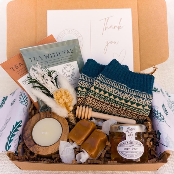 Personalized Hygge Tea Gift Box for Her, Self Care Set with Cozy Socks, Herbal Tea & Candle for Relaxation. Get well Soon, Thinking of You.