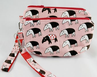 Pink clutch bag with lace made with Japanese fabric with tapirs