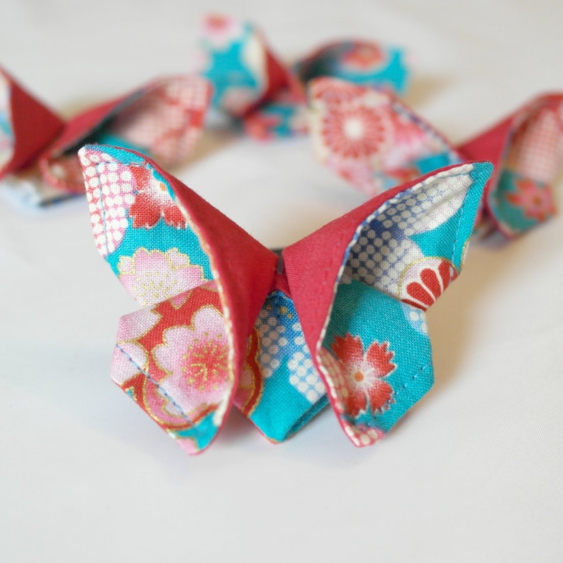 Origami butterfly brooch made with Japanese fabric Flowers, light blue