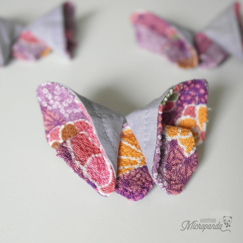 Origami butterfly brooch made with Japanese fabric Flowers, lilac