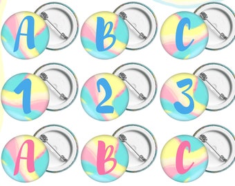 Letters and Numbers Button Badges. Choose your selection of letters to spell your favourite word
