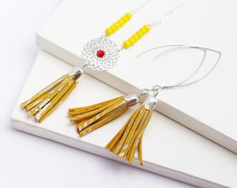 Long tassel necklace - genuine yellow leather tassel - leather fringes necklace - boho jewels - gipsy spirit - hippie - festival necklace