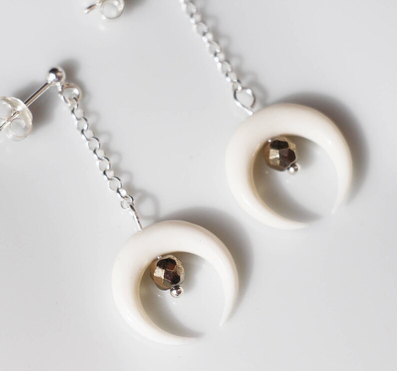 White Double Horn Earrings Bone Crescent Earrings Carved Etsy