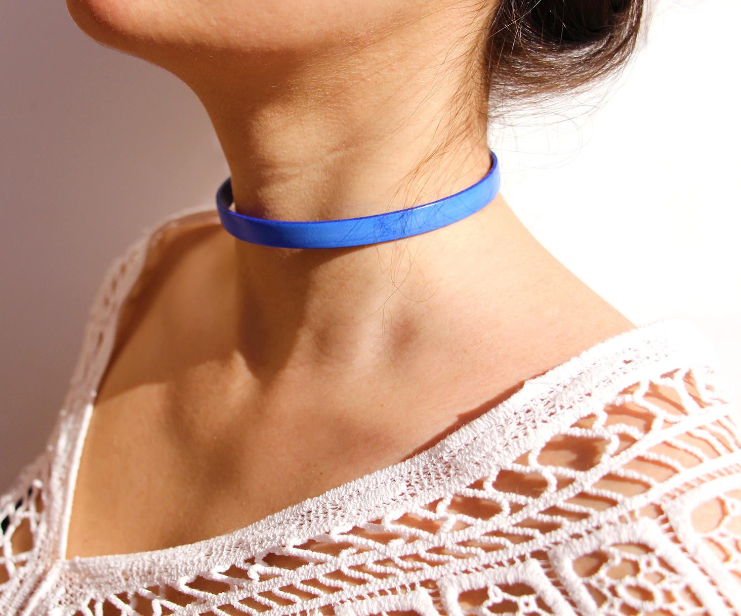 Leather Choker Necklace Minimalist Necklace Blue Leather Necklace