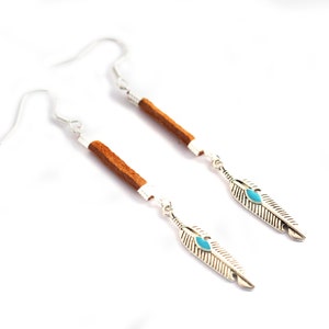 May include: A pair of silver dangle earrings with brown wooden beads and turquoise feather charms.