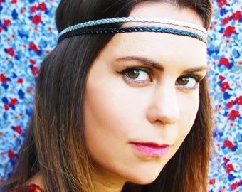 Headband "Gipsy" double tresse - bijou de tête - simili cuir tressé noir et argent- élastique noir