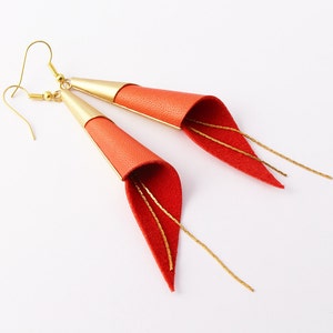 Cone genuine leather earrings - gold plated jewelry - red and gold earrings - modern earrings - elegant earrings -geometric earrings -