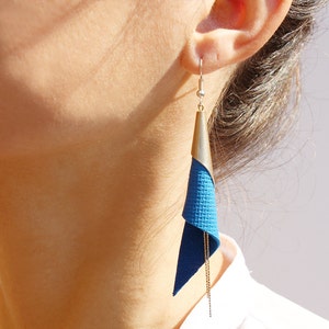 cone genuine leather earrings silver plated jewelry electric blue earrings modern earrings elegant earrings geometric earring image 2