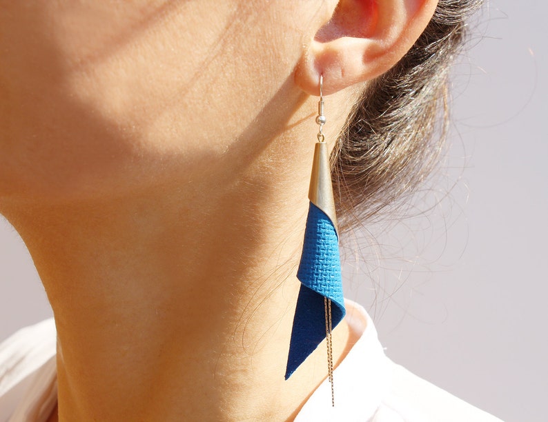 cone genuine leather earrings silver plated jewelry electric blue earrings modern earrings elegant earrings geometric earring image 2