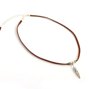 brown leather necklace leather lace necklace choker necklace silver plated feather delicate jewelry ethnic chic jewelry image 2