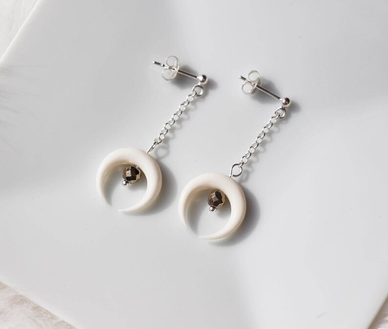 White Double Horn Earrings Bone Crescent Earrings Carved Etsy