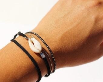 wrap around thin leather bracelet- multi-turn bracelet - black leather lace bracelet -cowrie shell bracelet -leather cuff - summer bracelet