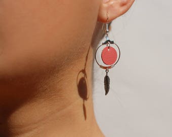 Earrings "Nikiti" leather, feather, plated silver