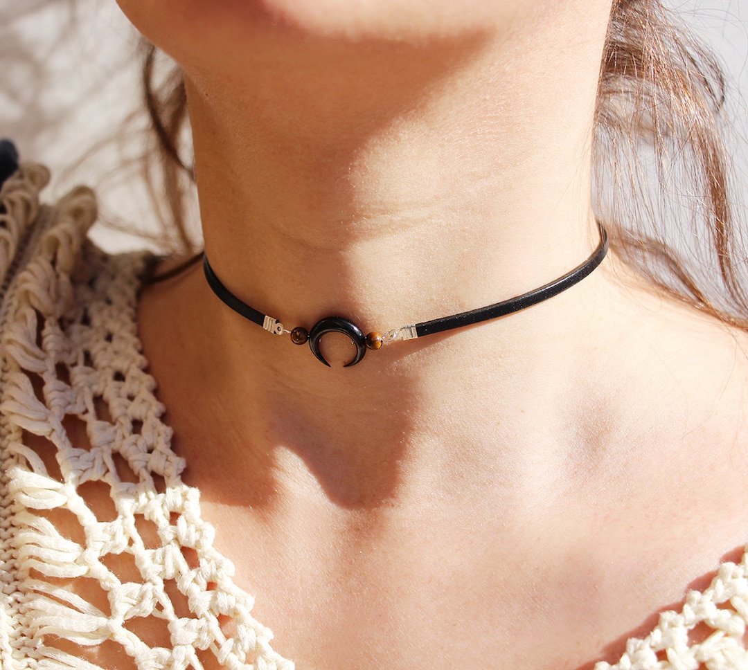 Double Black Horn Carved Choker - Crescent Moon Chockers - Chokers