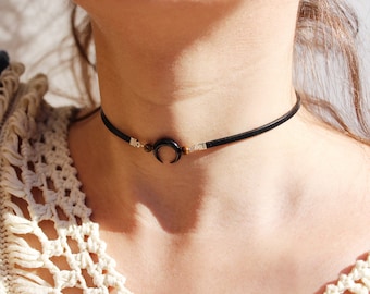 Double black horn carved choker - crescent moon chockers - chokers necklace - leather lace chocker - stone choker - black choker -boho-chic