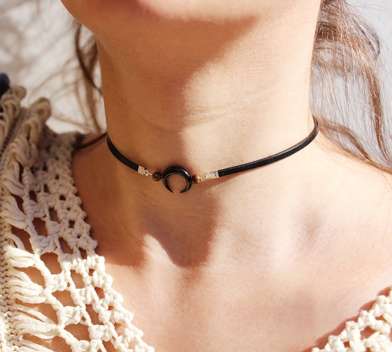 Double Black Horn Carved Choker Crescent Moon Chockers Chokers