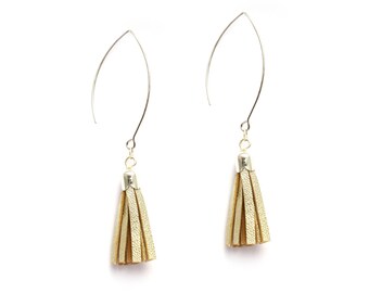 Silver plated women - gold, champagne leather tassel earrings Christmas gift