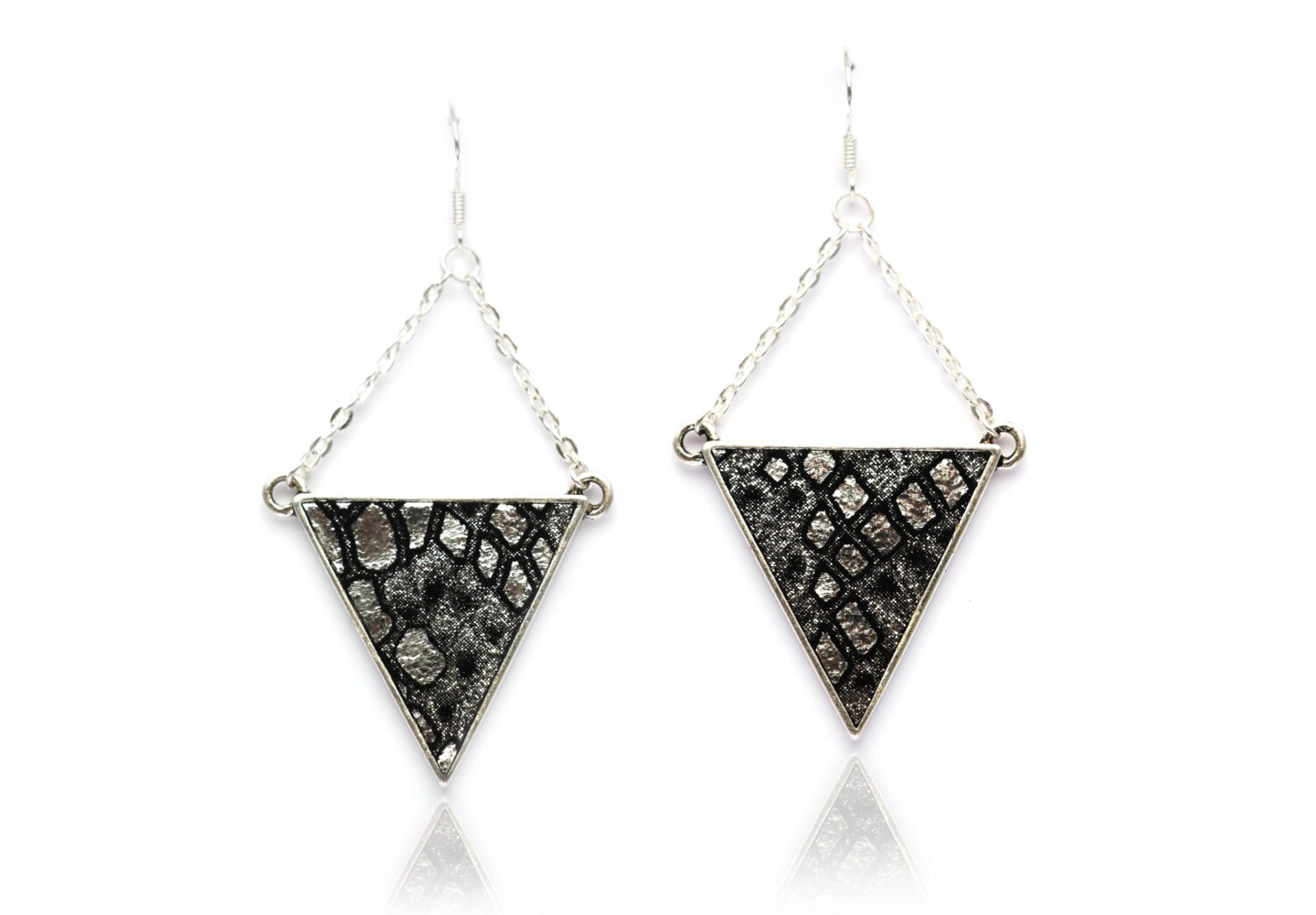Earrings Triangle Set Black Leather / Silver Silver - Etsy