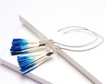 Christmas gift women - white and blue tie-dye leather tassel earrings, silver plated