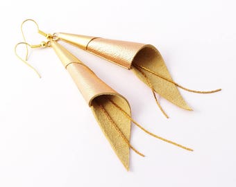 Cone genuine leather earrings - gold plated jewelry - white and gold earrings - modern earrings - Christmas gift- elegant earrings -