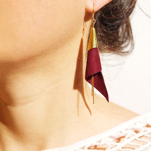 cone genuine leather earrings - gold plated jewelry - burgundy and gold earrings - modern earrings - elegant earrings -geometric earrings -