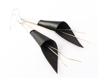 "arum" black leather, silver plated cone earrings