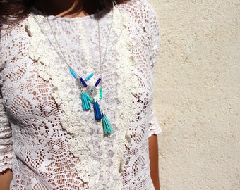 necklace "Gipsy", silver plated filigree flower ring, tassel fringe electric blue leather, swarovsky rhinestones and pearls