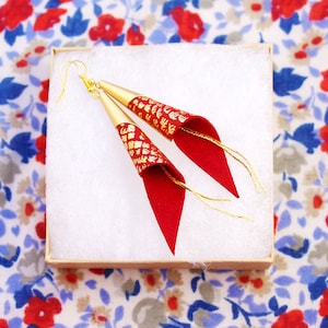 Cone genuine leather earrings - gold plated jewelry - red and gold earrings - modern earrings - elegant earrings -geometric earrings -
