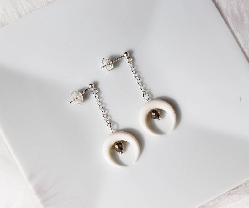 White Double Horn Earrings Bone Crescent Earrings Carved Etsy