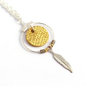 Christmas gift woman - Silver "Nikiti" leather textured gold plated feather necklace
