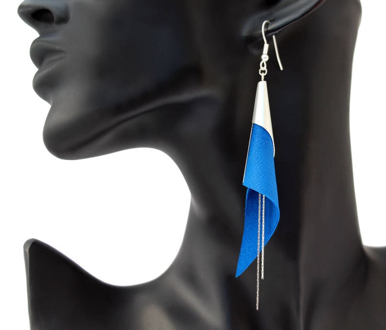 cone genuine leather earrings silver plated jewelry electric blue earrings modern earrings elegant earrings geometric earring image 7