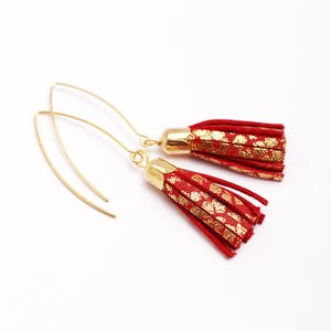 Women - leather tassel earrings Christmas gift red and gold, gold-plated