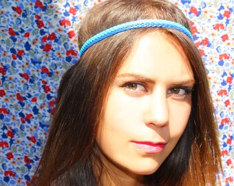 Headband "Gipsy" double tresse - bijou de tête - simili cuir tressé bleu électrique et turquoise - élastique noir