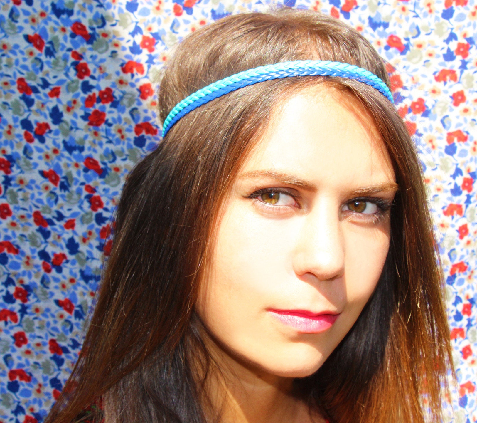 Headband Gipsy Double Tresse - Bijou de Tête Simili Cuir Tressé Bleu Électrique et Turquoise Élastiq