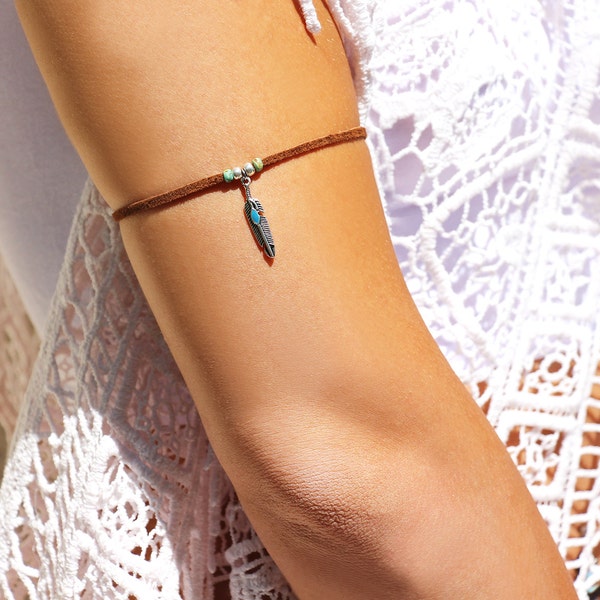 arm bracelet - Brown leather bracelet - silver feather arm bracelet - festial jewelry - ethnic-chic bracelet - summer feather bracelet