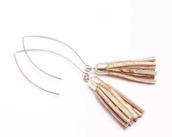Christmas gift women - pink blush and gold leather tassel earrings plated silver