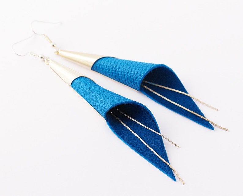 cone genuine leather earrings silver plated jewelry electric blue earrings modern earrings elegant earrings geometric earring image 4