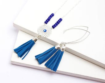 Long tassel necklace - genuine electric blue leather tassel - leather fringes necklace -boho jewels -gipsy spirit -hippie -festival necklace