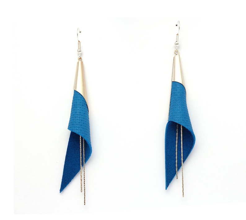 cone genuine leather earrings silver plated jewelry electric blue earrings modern earrings elegant earrings geometric earring image 5