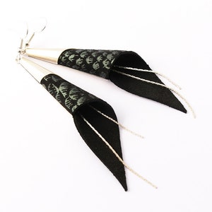 cone genuine leather earrings - silver plated jewelry - black earrings - modern earrings - elegant earrings -geometric earring