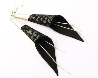 cone genuine leather earrings - silver plated jewelry - black earrings - modern earrings - elegant earrings -geometric earring