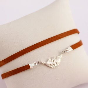 wrap around thin leather bracelet wiyake multi-turn bracelet brown leather lace bracelet silver feather bracelet leather cuff american image 2