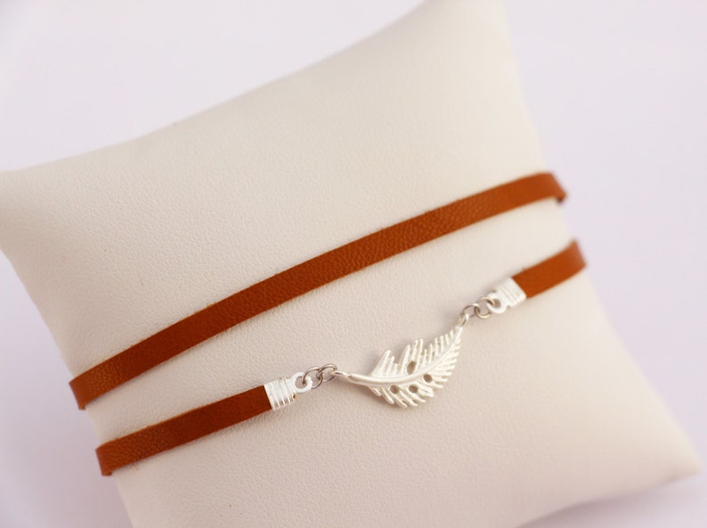 wrap around thin leather bracelet wiyake multi-turn bracelet brown leather lace bracelet silver feather bracelet leather cuff american image 2