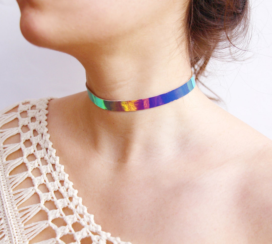 Leather Choker Necklace Minimalist Necklace Holographic Iridescent
