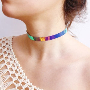 leather choker necklace - minimalist necklace - holographic iridescent leather necklace - rainbow mirror necklace - genuine leather necklace