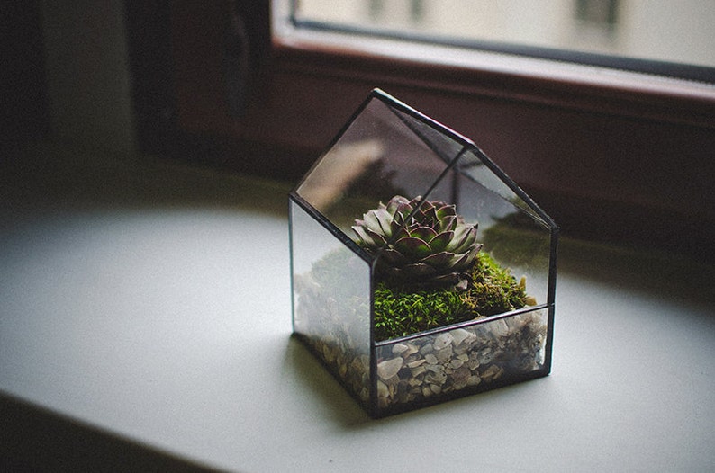 Glass house Terrarium Small House Stained glass decoration geometric Home decor Planter for indoor gardening Succulent Moss Fairy garden 