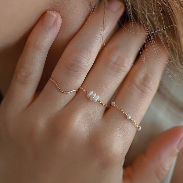 Bague chaîne et perles keshi · Cadeau pour elle · Collection Monoë