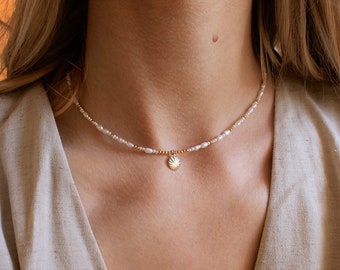 Shell necklace and freshwater pearls, gold-filled · Gift for her · Collection Riviera